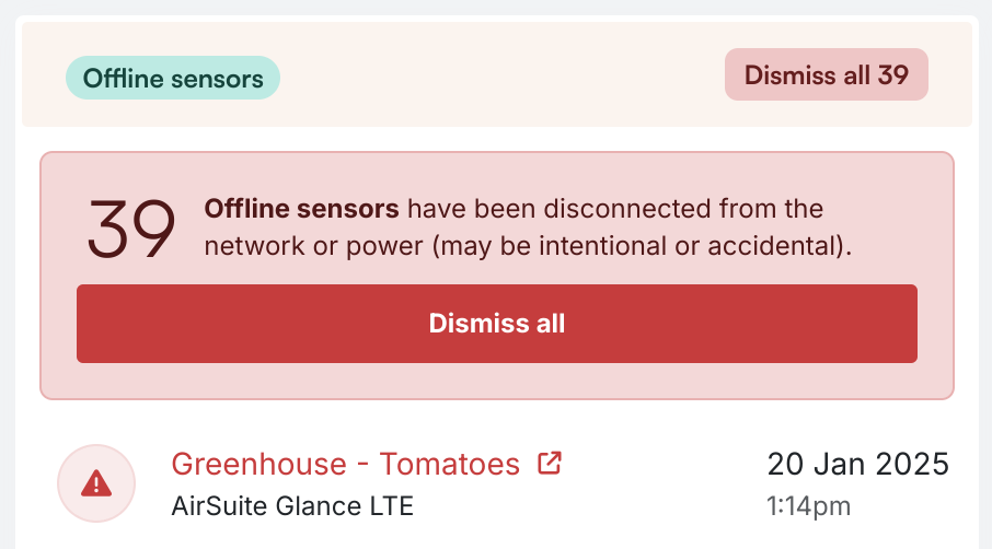 Panel of alerts, with prompt to 'Dismiss all' alerts for offline sensors